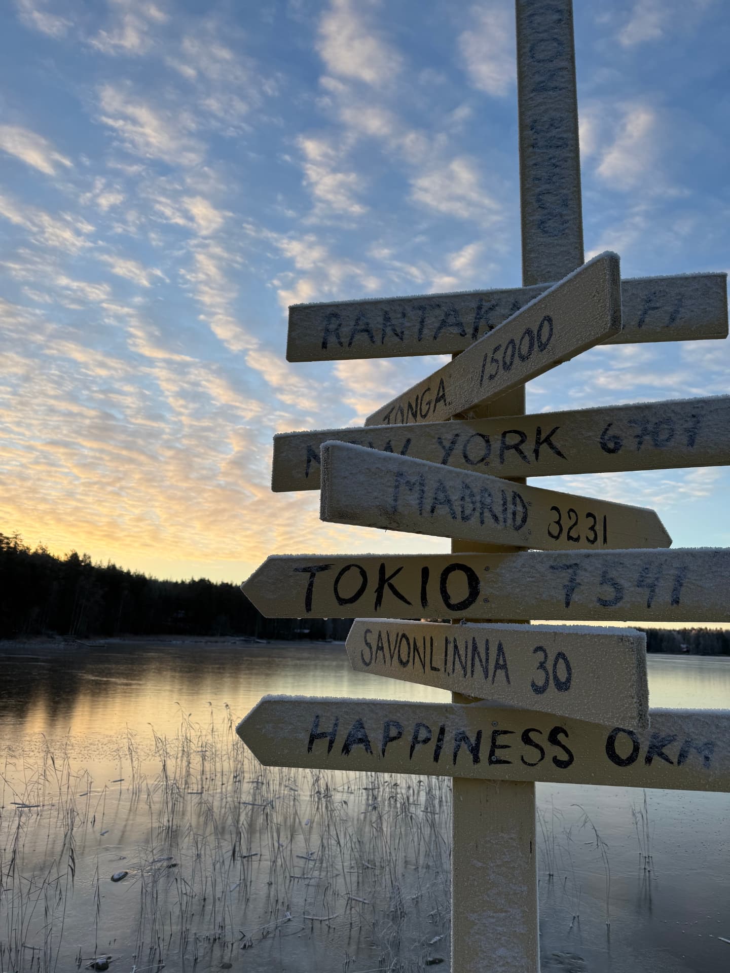 Kyltti järven rannalla huurteessa, taustalla auringonlasku